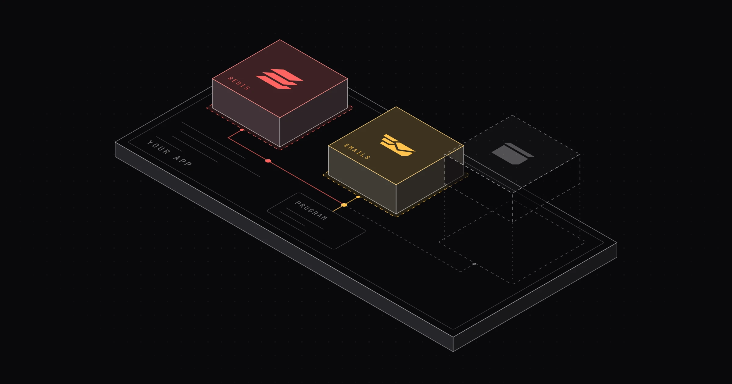 An isometric app plate with Redis and Emails blocks docked in their slots and an empty slot for Storage